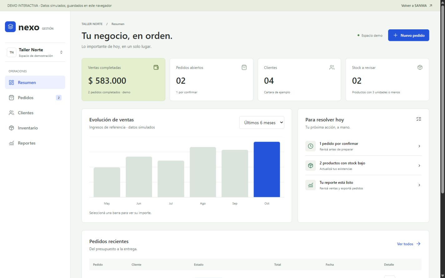 Vista previa del sistema de gestión Nexo